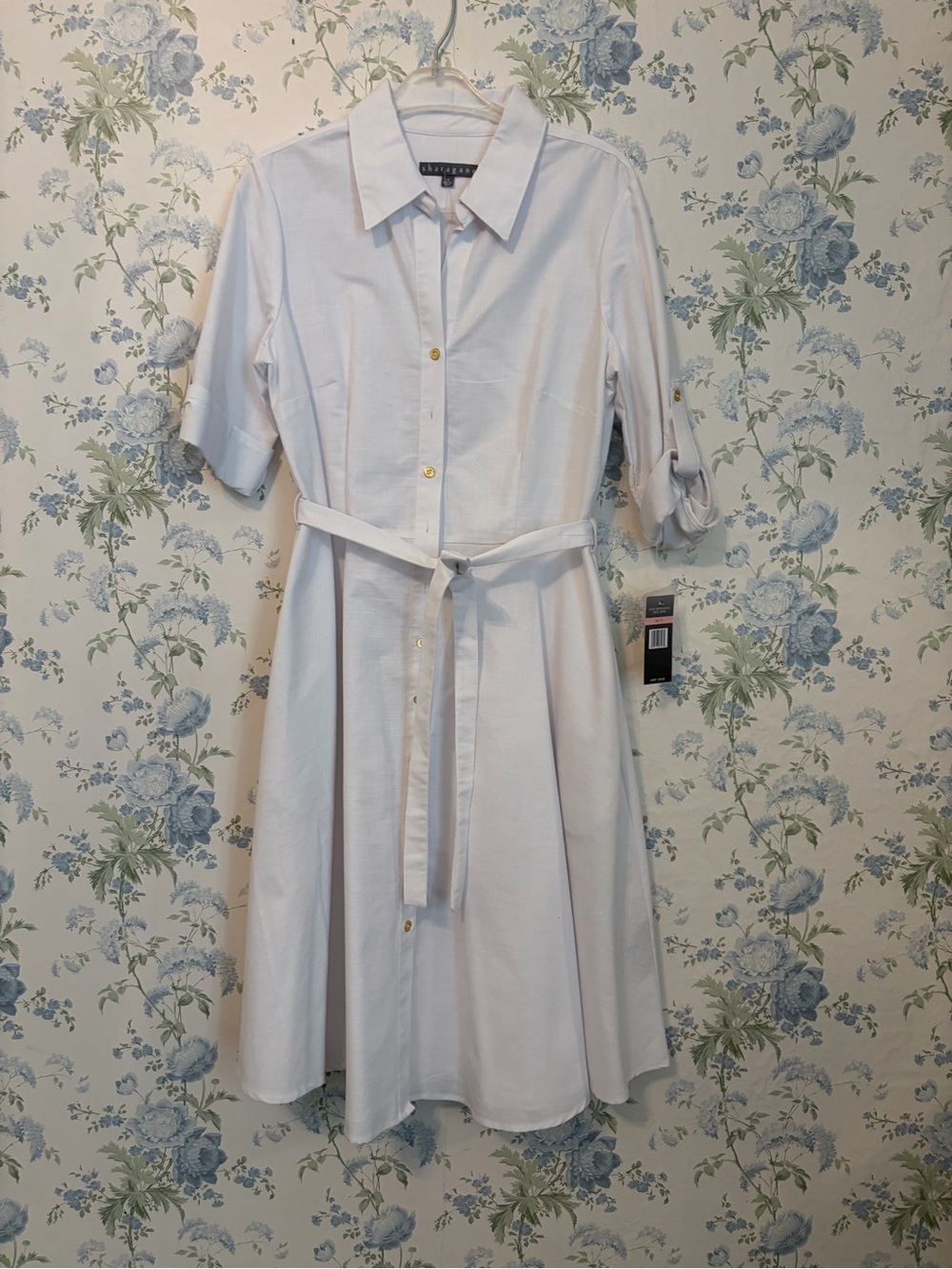 Sharagano White Button-Front Midi Shirt Dress with Tie Belt